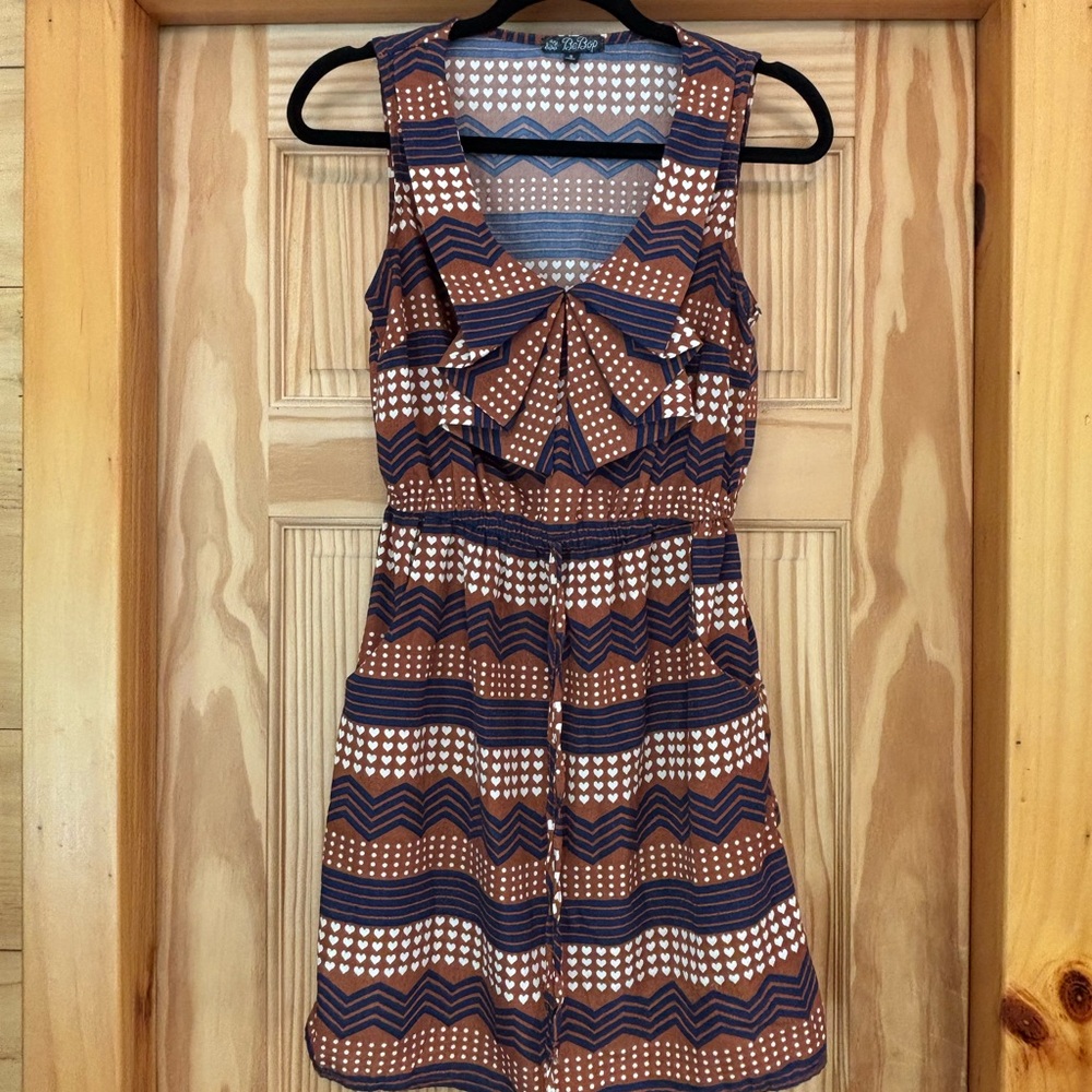 BeBop Blue and White Pleated Sundress with Bib Collar